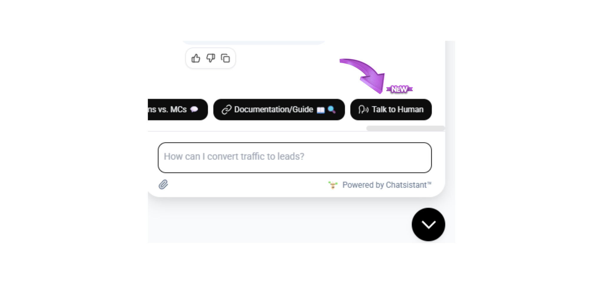 Chatsistant chat UI showing the human escalation button.
