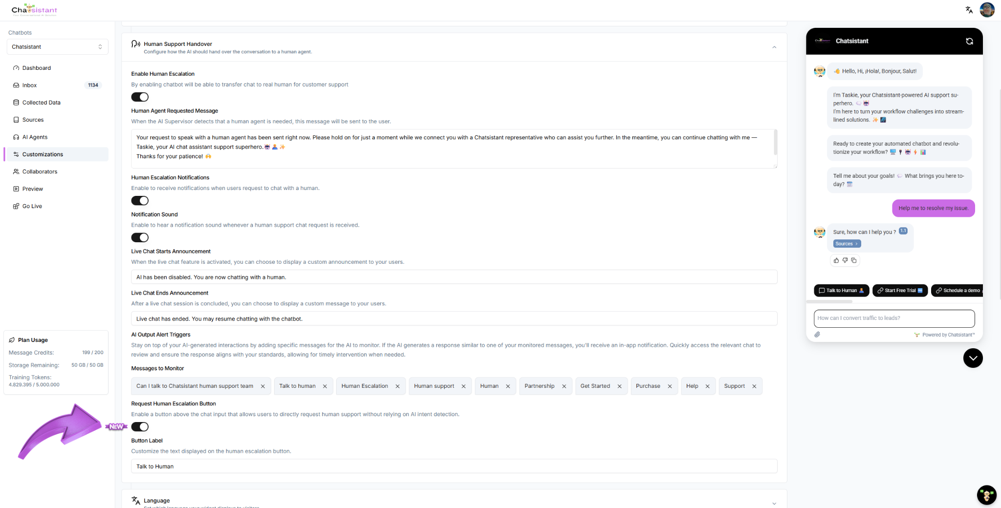 Chatsistant Human Support Handover settings page.