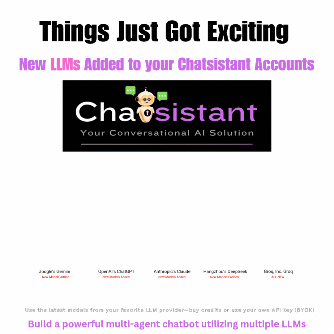 Chatsistant LLM model selection showing OpenAI, Gemini, Claude, DeepSeek, Groq, and more