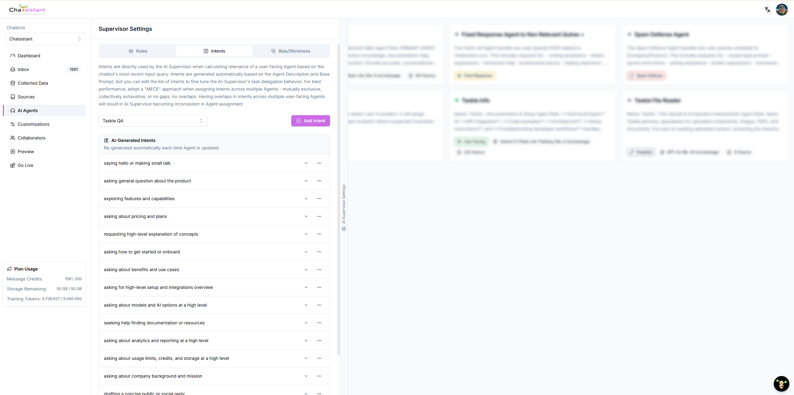 Chatsistant AI Supervisor Intent